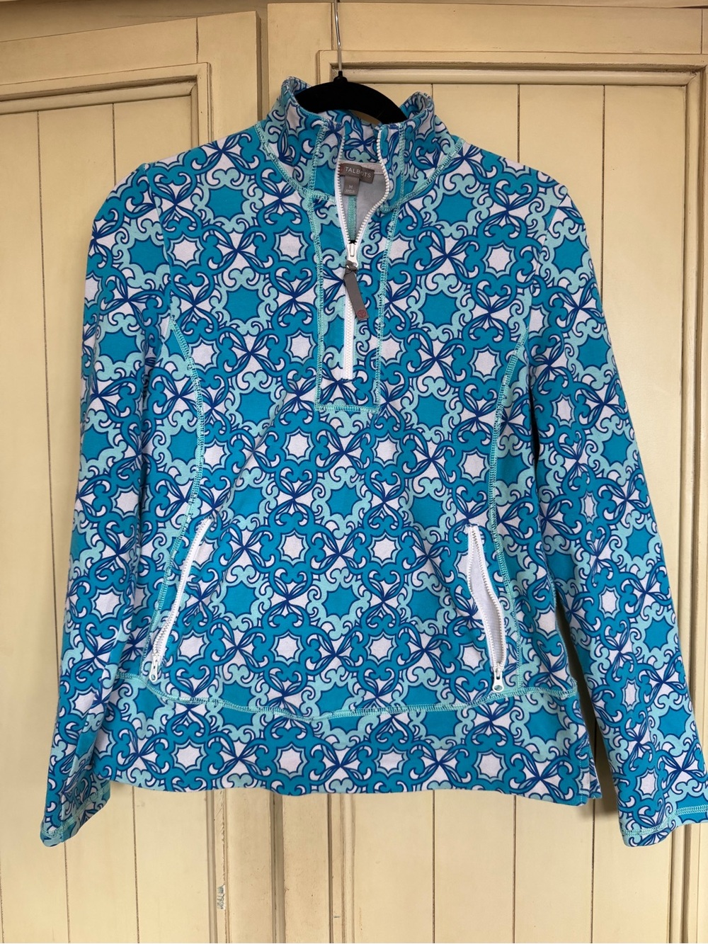 Talbots Aqua Blue Super Soft Patterned Quarter-Zip Pullover